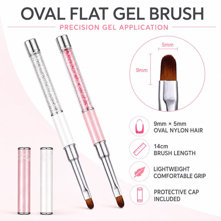 Pink and white 14 cm oval flat gel brushes with 9 × 5 mm nylon bristles, crystal-filled handles and protective caps.
