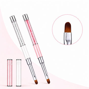 Pink and white gel nail brushes with crystal-filled handles, oval brown bristles and matching protective caps, shown with a brush tip close-up.
