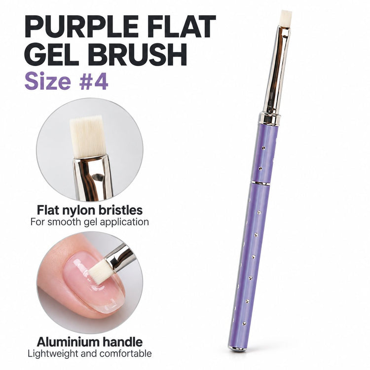 Size 4 purple flat gel nail brush with white nylon bristles and aluminium handle, shown applying gel to a natural nail.
