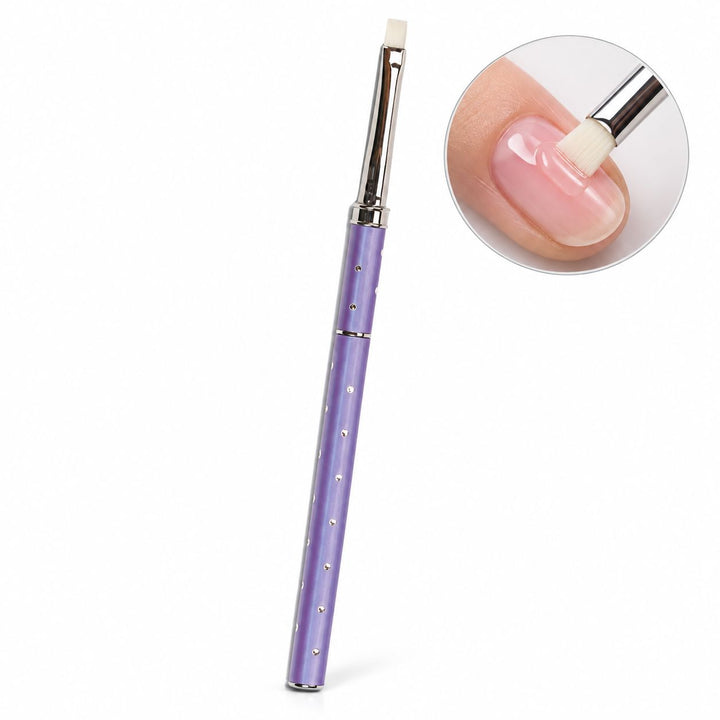 Size 4 purple flat gel nail brush with white bristles and silver ferrule, shown applying pink gel to a natural nail.
