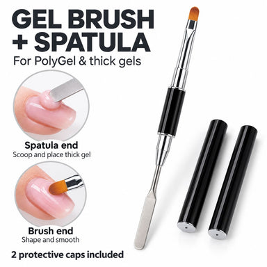 Black double-ended gel brush and spatula with two protective caps, shown placing and smoothing pink gel on a nail.

