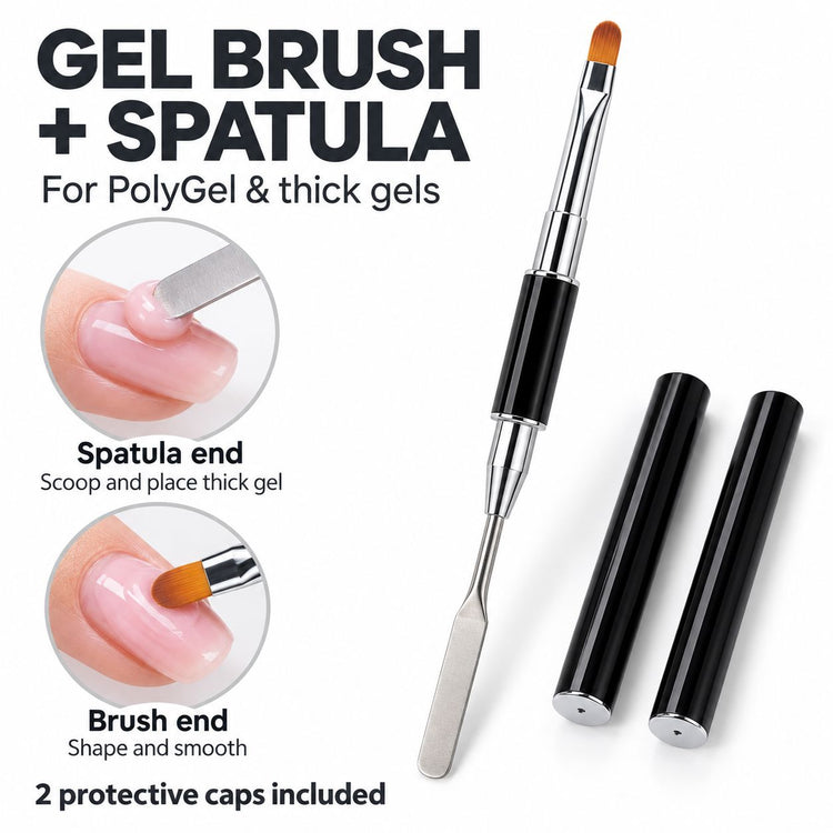 Black double-ended gel brush and spatula with two protective caps, shown placing and smoothing pink gel on a nail.
