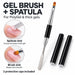 Black double-ended gel brush and spatula with two protective caps, shown placing and smoothing pink gel on a nail.
