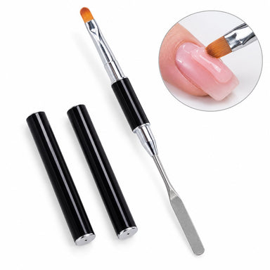 Black double-ended gel brush and metal spatula with two protective caps, shown smoothing pink gel on a square nail.
