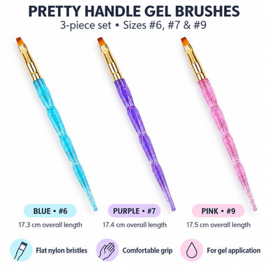 Three gel nail brushes in blue size 6, purple size 7 and pink size 9, featuring glitter handles, gold ferrules and flat nylon bristles.
