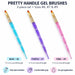 Three gel nail brushes in blue size 6, purple size 7 and pink size 9, featuring glitter handles, gold ferrules and flat nylon bristles.

