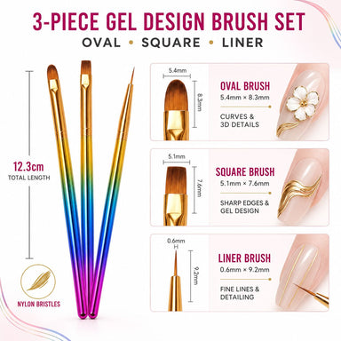 Three gel design brushes with multicolour handles and oval, square and liner tips, shown with measurements and gold nail art examples.
