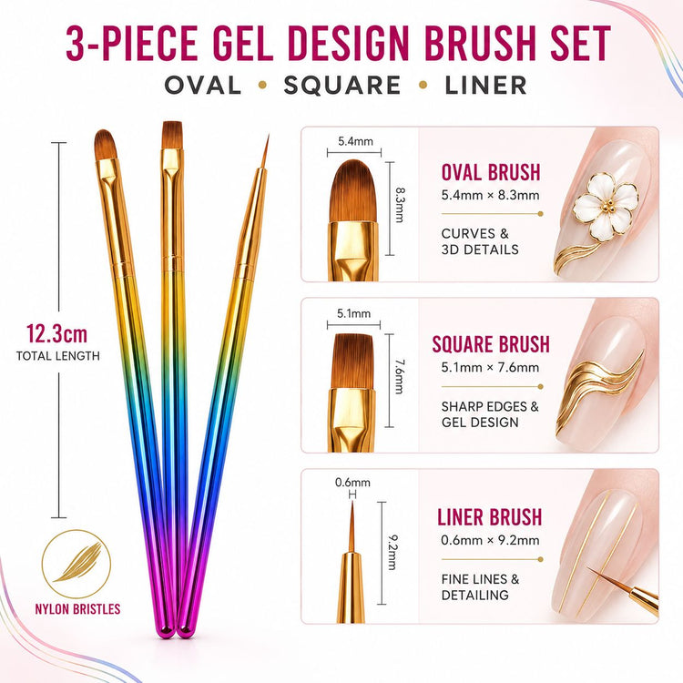 Three gel design brushes with multicolour handles and oval, square and liner tips, shown with measurements and gold nail art examples.
