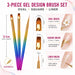 Three gel design brushes with multicolour handles and oval, square and liner tips, shown with measurements and gold nail art examples.
