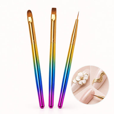 Three gel design brushes with multicolour handles and oval, square and liner tips, shown with white floral and gold line nail art.
