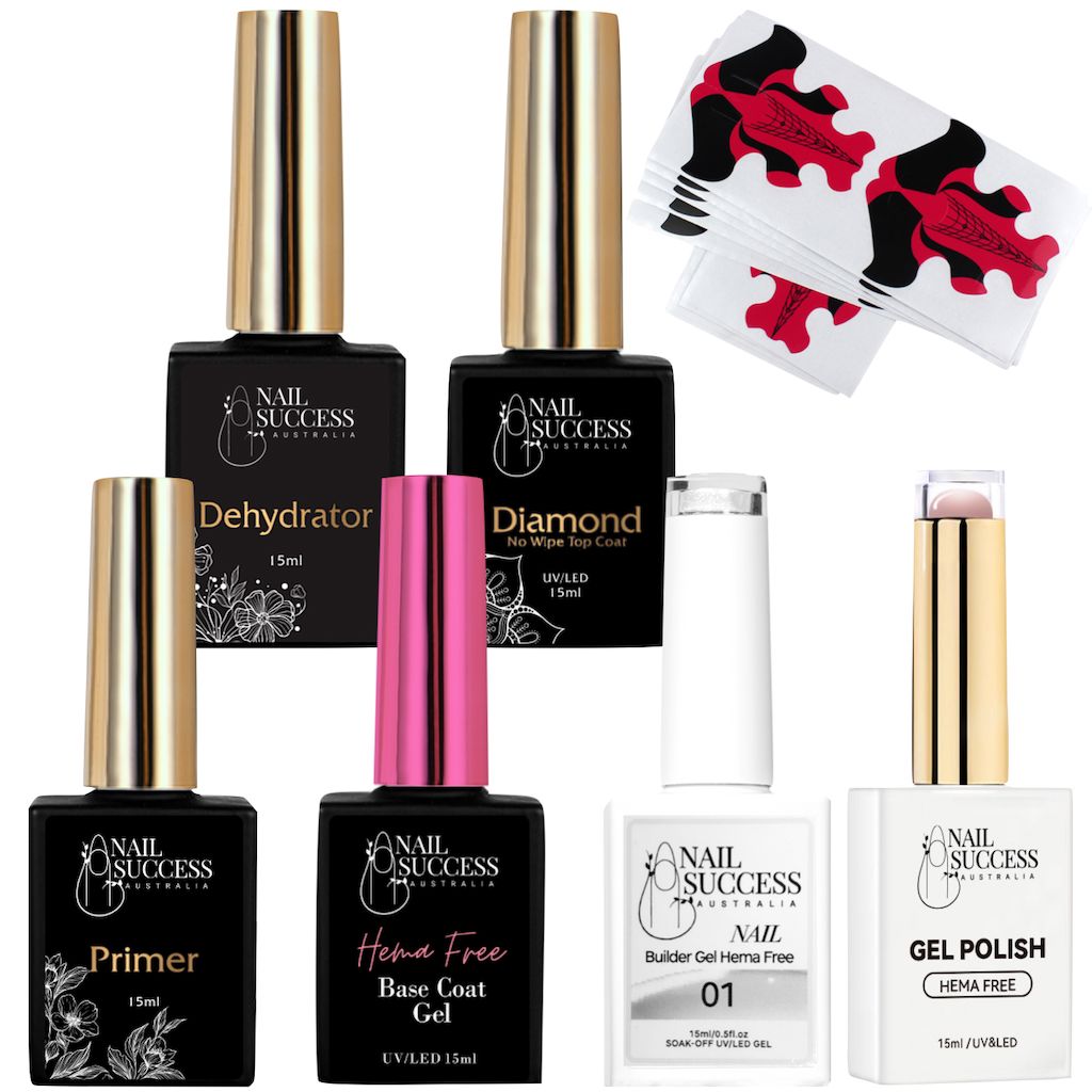 Gel-in-a-Bottle Builder Gel Kit (HEMA-Free) — Dehydrator, Primer, Base, Builder 01, Gel Polish, Diamond No-Wipe Top + Nail Forms | NSI Australia