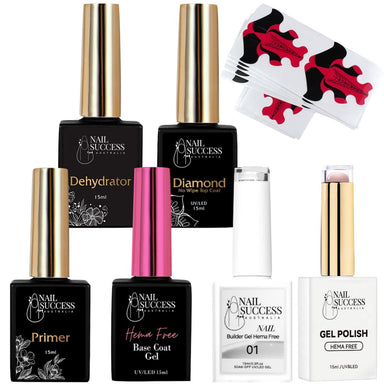 Gel-in-a-Bottle Builder Gel Kit (HEMA-Free) — Dehydrator, Primer, Base, Builder 01, Gel Polish, Diamond No-Wipe Top + Nail Forms | NSI Australia