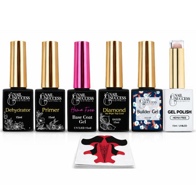 Nail Success Australia builder gel in a bottle kit with dehydrator, primer, HEMA-free base coat, builder gel, gel polish, top coat, and nail forms