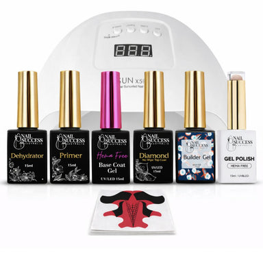 Nail Success Australia builder gel in a bottle kit with UV LED lamp, dehydrator, primer, HEMA-free base coat, builder gel, gel polish, top coat, and nail forms