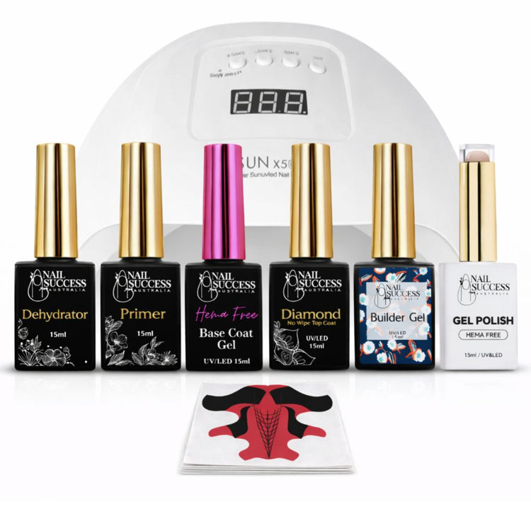 Nail Success Australia builder gel in a bottle kit with UV LED lamp, dehydrator, primer, HEMA-free base coat, builder gel, gel polish, top coat, and nail forms