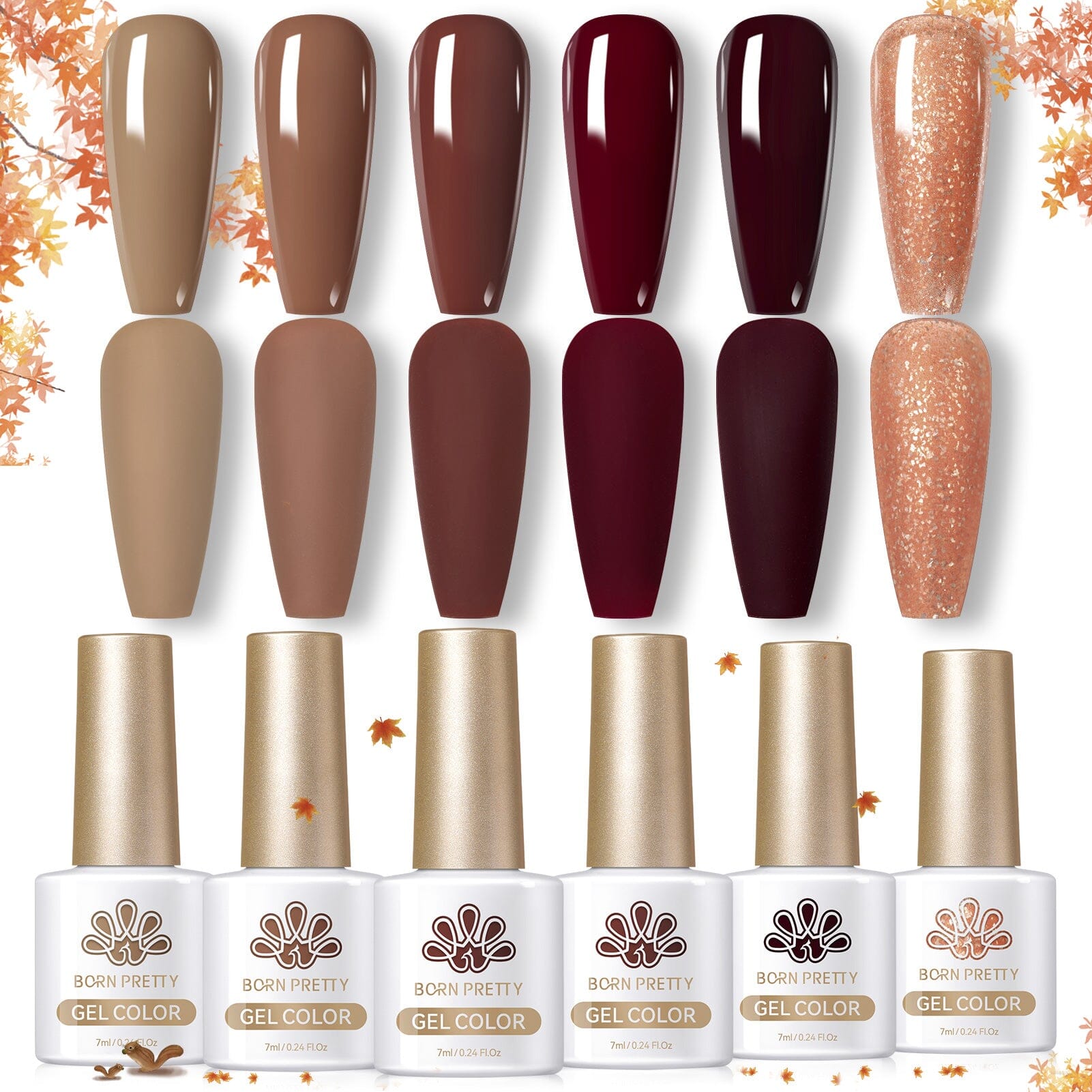 Born Pretty Gel Polish Caramel Coco Series — 6 autumn shades (taupe, mocha, cocoa, burgundy, wine, caramel glitter) with glossy and matte swatches