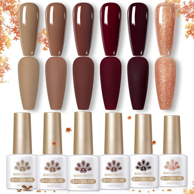 Born Pretty Gel Polish Caramel Coco Series — 6 autumn shades (taupe, mocha, cocoa, burgundy, wine, caramel glitter) with glossy and matte swatches