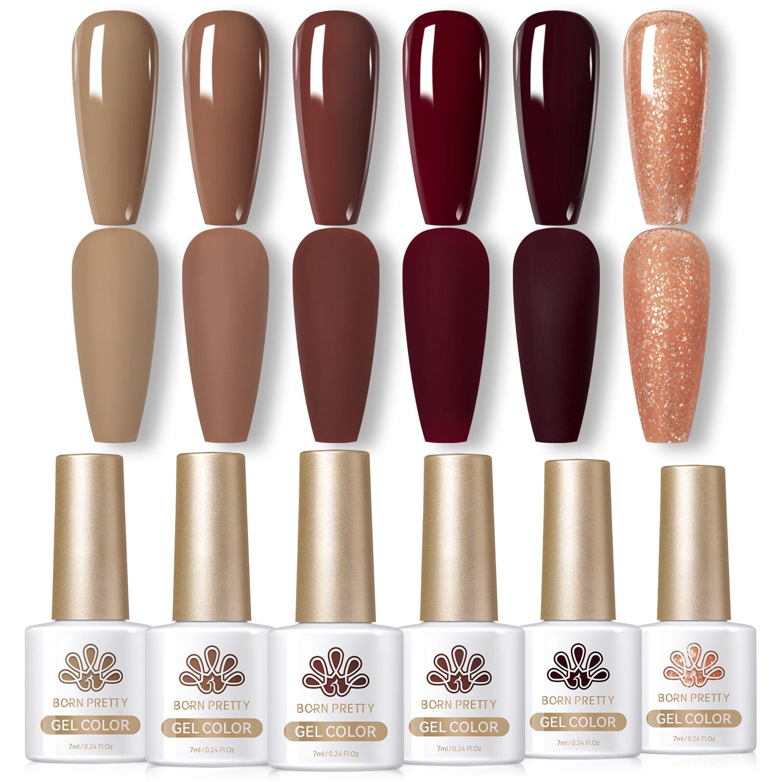 Born Pretty Gel Color Caramel Coco Series — 6 autumn neutrals with glossy and matte swatches: taupe, mocha, cocoa, burgundy, wine, caramel glitter