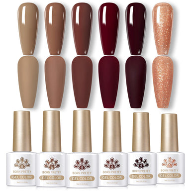 Born Pretty Gel Color Caramel Coco Series — 6 autumn neutrals with glossy and matte swatches: taupe, mocha, cocoa, burgundy, wine, caramel glitter