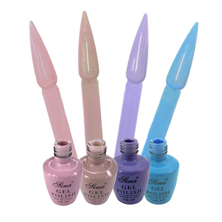 Sina gel polish collection set of 4 colours with bottles and matching nail swatches (pink, nude, purple, blue)