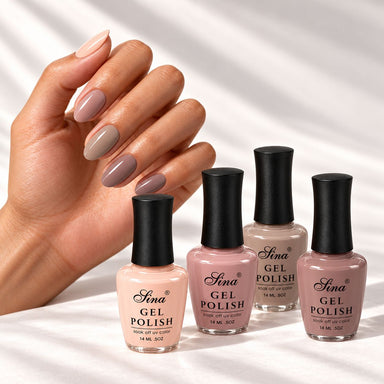 Sina gel polish 4 colour collection, nude and mauve bottles grouped with a manicured hand