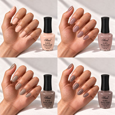 Sina gel polish collection GP-06+63+76+75: peach, dusty rose, taupe and mauve on nails next to bottles