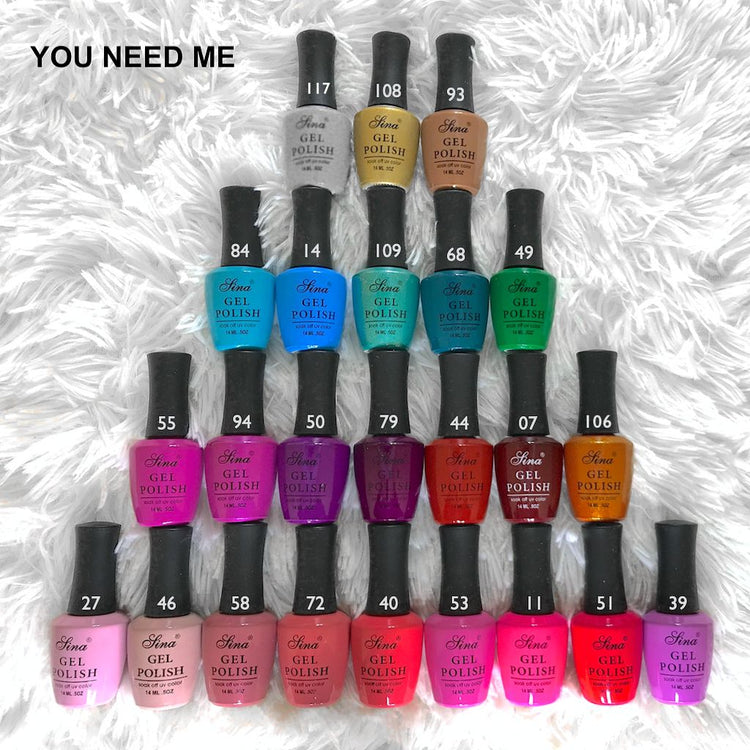Twenty-four Sina gel polish bottles in bright, pastel and neutral colours, arranged in a pyramid on white textured fabric.
