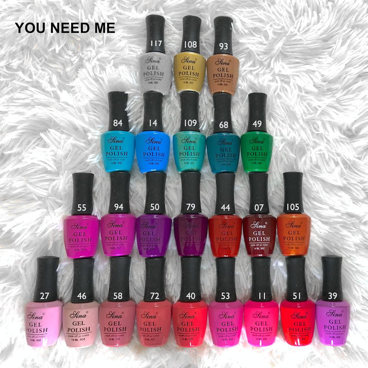 Sina You Need Me gel polish set with numbered assorted colours on white faux fur background