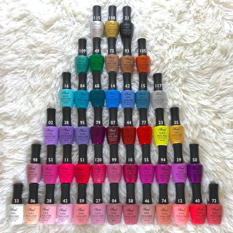 Sina gel polish colour collection with assorted pastel, neon, red, pink, blue, green and neutral shades for salon nail art and professional manicures