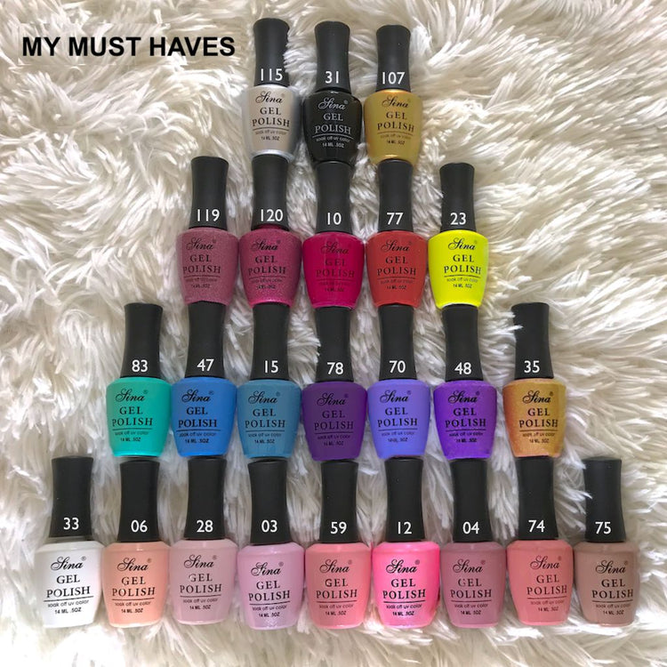 Sina gel polish must-have colour collection with assorted nail polish bottles and shade numbers, NSI Australia