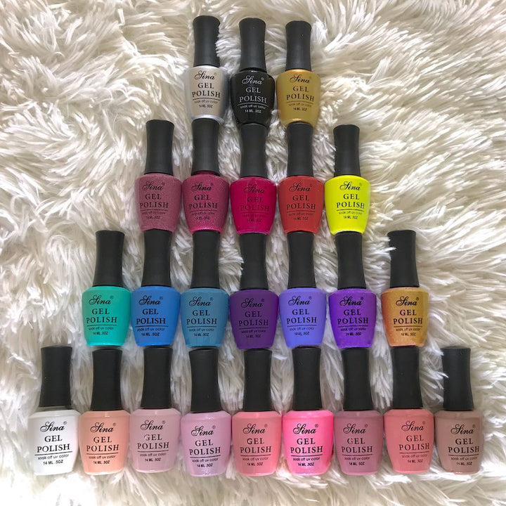 Sina gel polish collection – 24 assorted UV/LED soak-off gel polish colours arranged on white faux-fur