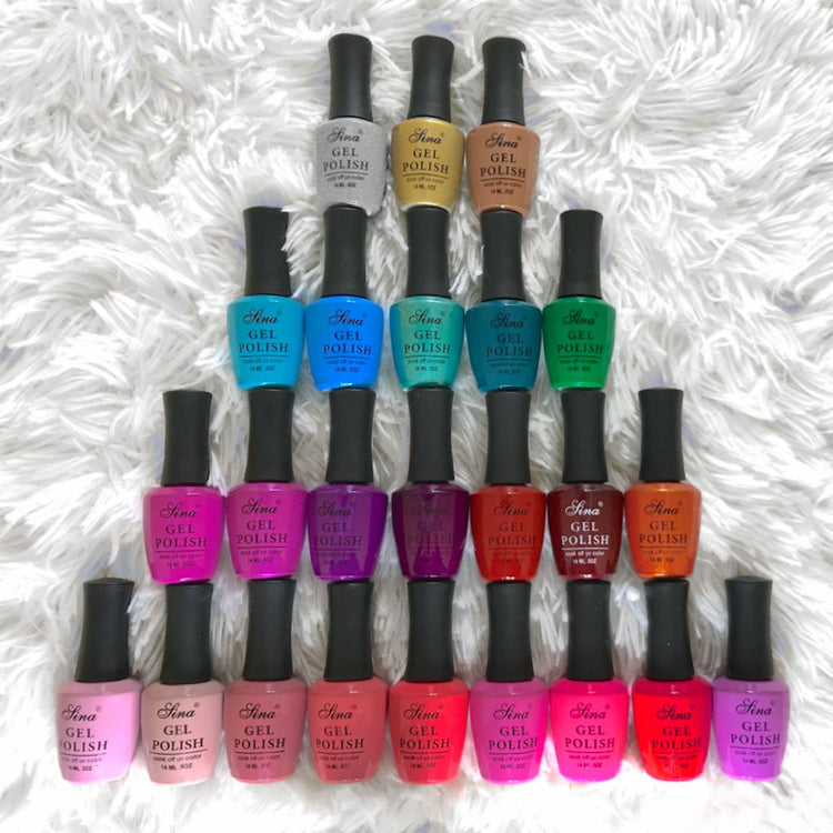 48-piece Sina gel polish set in assorted colours arranged on white faux fur background