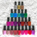 48-piece Sina gel polish set in assorted colours arranged on white faux fur background
