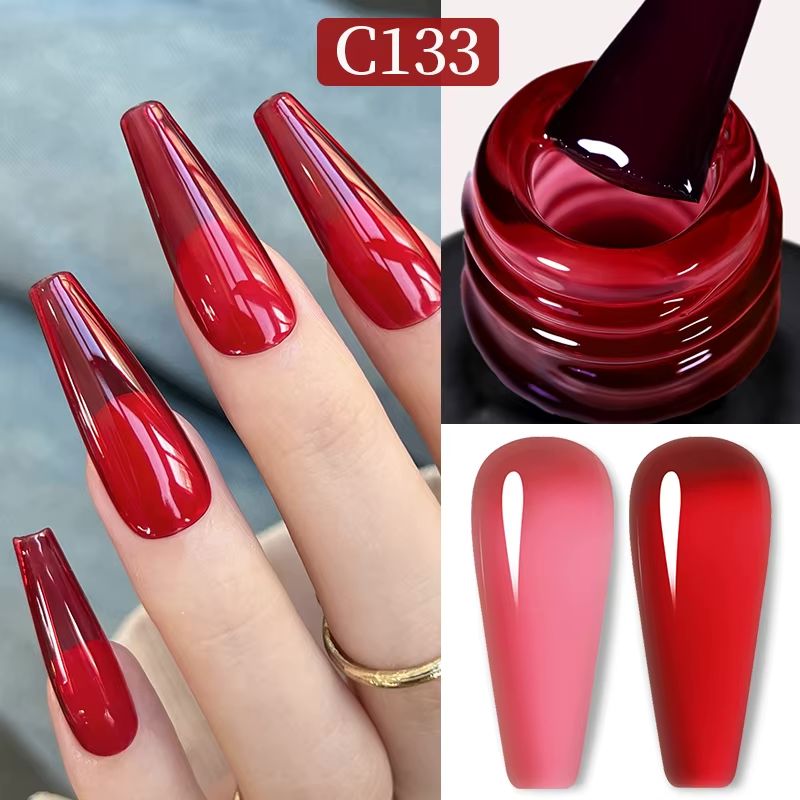 Gel polish colour C133 swatch collage with glossy deep red nails, bottle brush, and colour sample tips