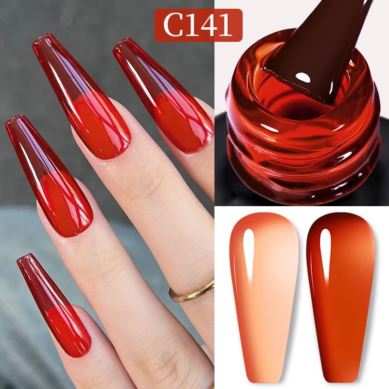 Born Pretty gel polish C141 (C0141) – glossy translucent red-orange jelly gel colour with brush bottle and nail swatches