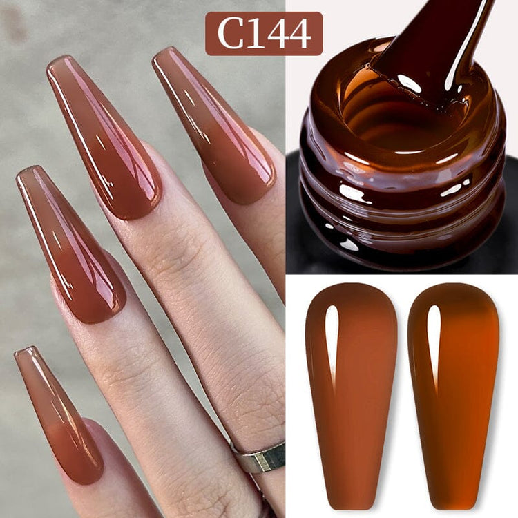 Gel polish colour C144 warm chocolate brown swatch – nails, brush texture and swatch tips