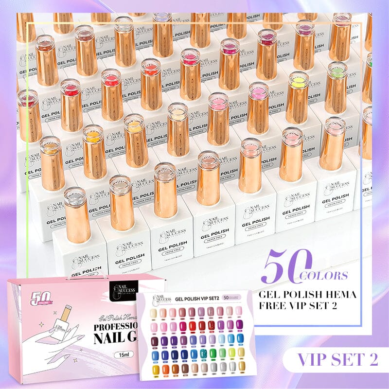 NSI Australia Nail Success HEMA-Free Gel Polish 15ml – VIP Set 2, 50-colour collection with white bottles & gold caps, kit box and swatch chart