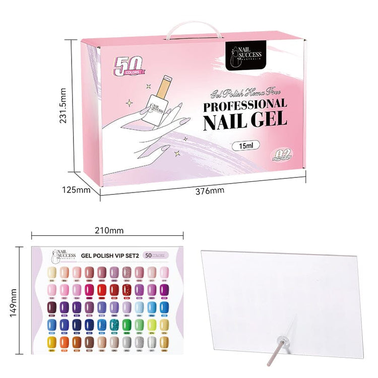 NSI Australia Nail Success HEMA-Free Gel Polish 15ml Collection – 50 colours kit box with dimensions, plus 50-colour swatch display card and stand