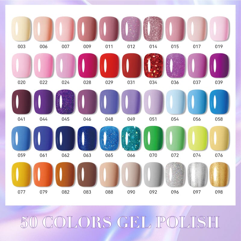 NSI Australia HEMA-Free Gel Polish 15ml – 50 colours chart with numbered swatches from nudes, pinks, reds, purples, blues to metallics