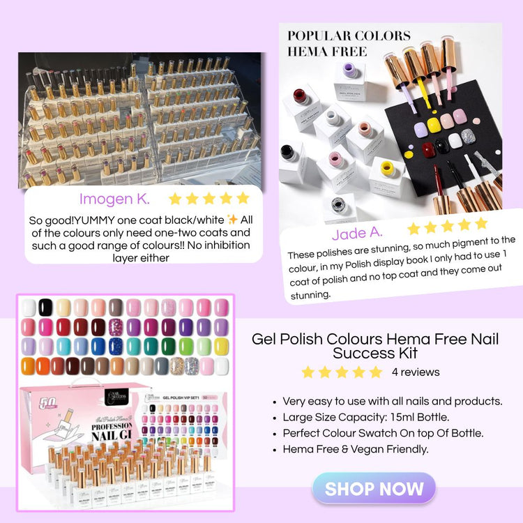 HEMA-free Gel Polish Colours kit by Nail Success — 15ml bottles with colour swatches (collage)