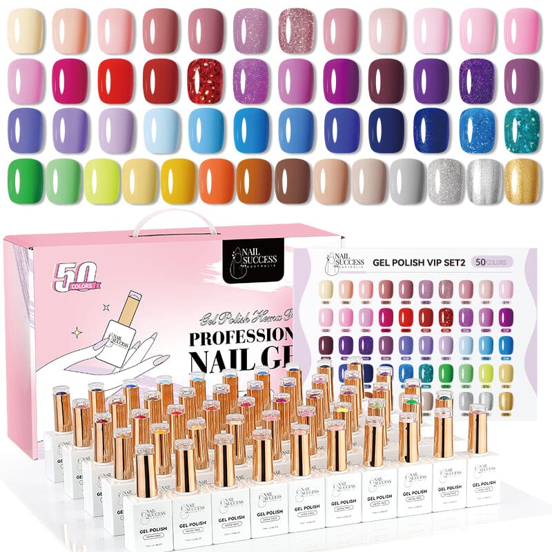 NSI Australia Nail Success HEMA-Free Gel Polish 15ml – 50 colours kit (VIP Set 2) with white bottles & gold caps, swatch chart and pink carry box