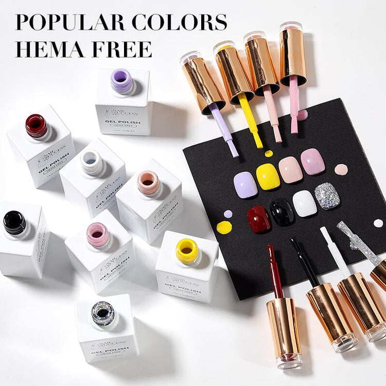 Nail Success HEMA-free gel polish flat lay—white bottles, gold caps, and multicolor swatch tips on a black display board
