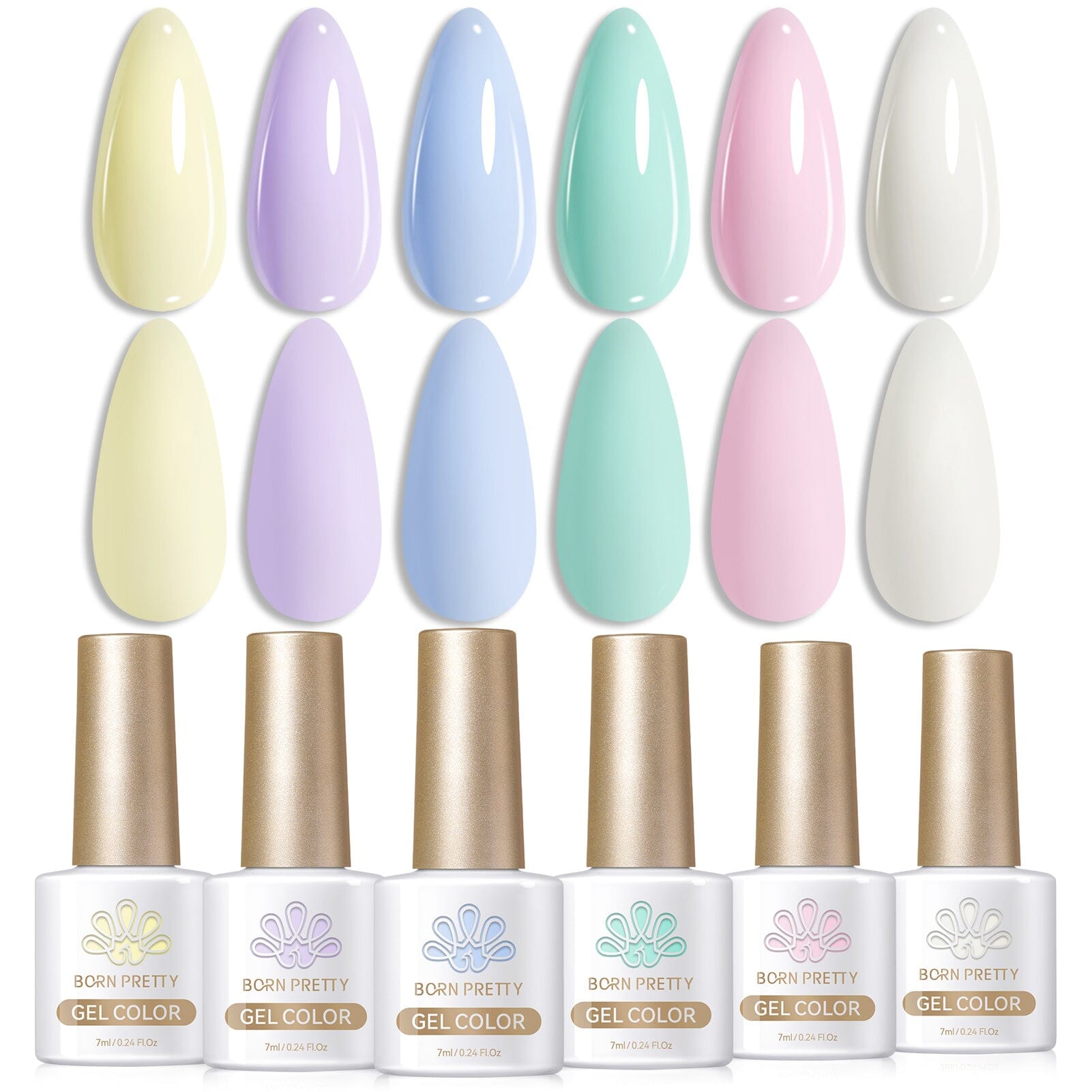 Born Pretty Gel Color “Cream Kiss” Series — 6 soft pastels with glossy and matte swatches: butter yellow, lavender, baby blue, mint, baby pink, milky white (7ml each)