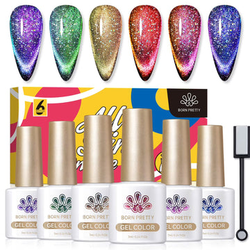 Born Pretty Holo Reflective Magnetic Gel Polish Set—6 colours with cat-eye magnet; glitter swatches and 7ml bottles in gift box (UV/LED)