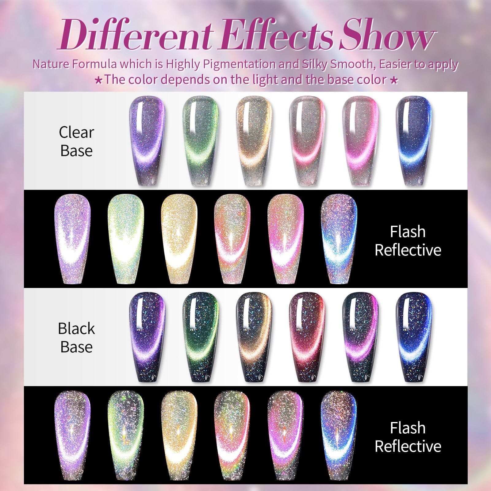 9D holographic reflective magnetic gel polish swatches—cat-eye effect on clear vs black base with flash reflective shine