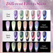 9D holographic reflective magnetic gel polish swatches—cat-eye effect on clear vs black base with flash reflective shine