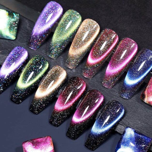 Born Pretty Holo Reflective Magnetic “cat-eye” gel polish set — 6 galaxy shades (purple, green, champagne gold, rose, magenta, blue) on long coffin swatches with sparkling finish on a dark background