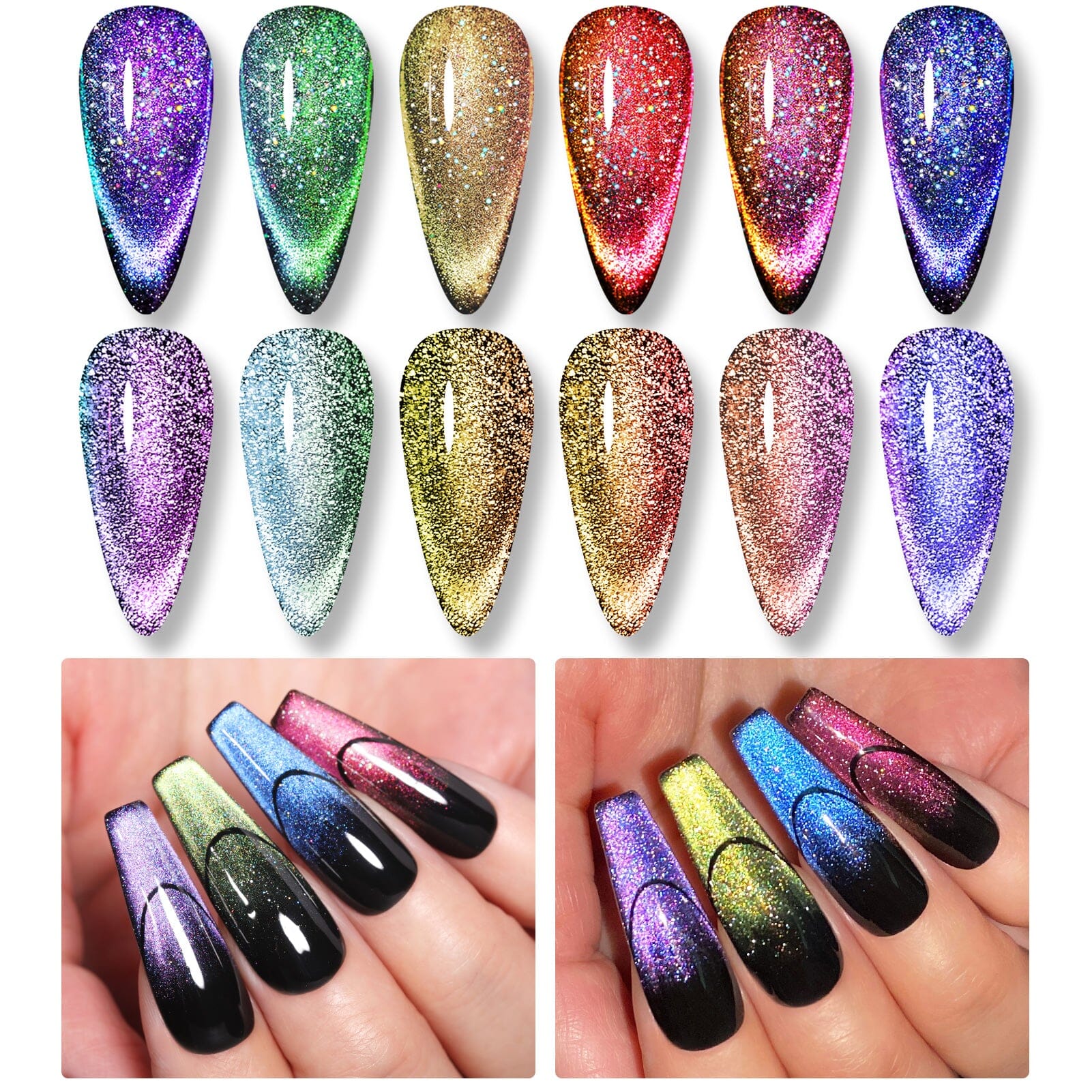 9D holographic reflective magnetic gel polish set—rainbow cat-eye swatches and manicure over black base