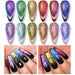 9D holographic reflective magnetic gel polish set—rainbow cat-eye swatches and manicure over black base