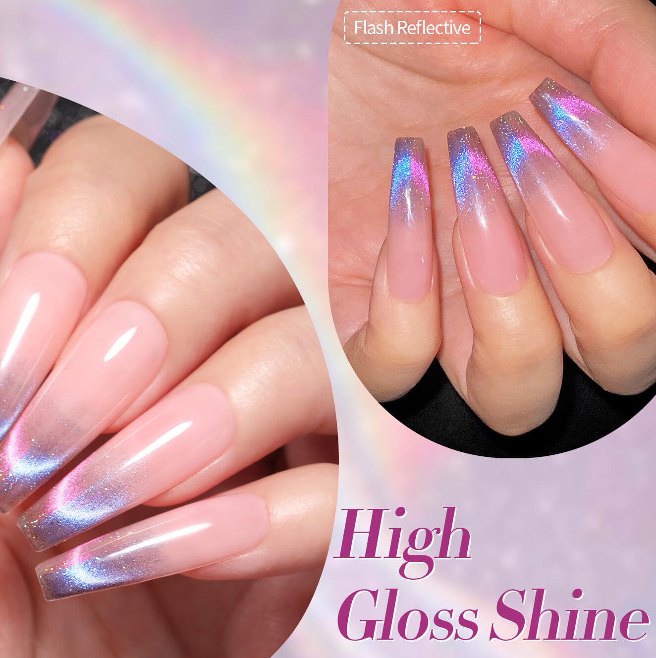 Flash-reflective gel polish on long nude-pink coffin nails—aurora cat-eye rainbow gradient French tips with high-gloss shine (two-hand close-up)